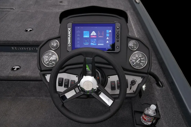 Slide: The Image of Manufacturer Provided Image: 2025 Ranger RT178 boat dashboard with Lowrance display and steering wheel. - 42