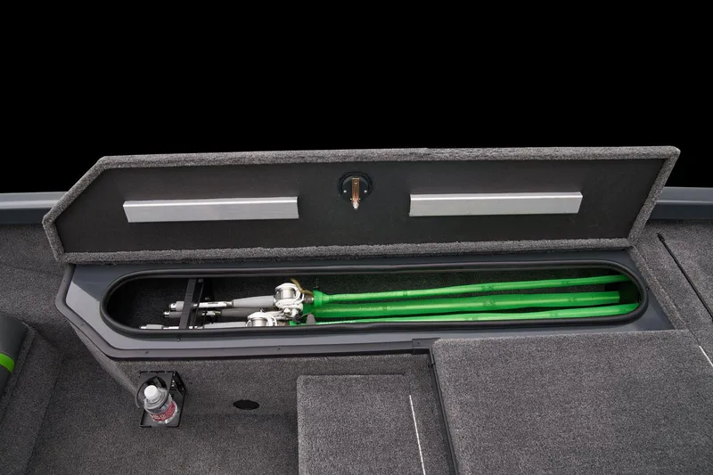 Slide: The Image of Manufacturer Provided Image: 2025 Ranger RT178 boat storage compartment with fishing rods and drink holder. - 50