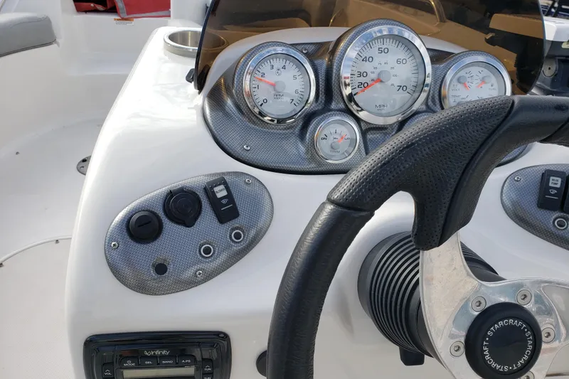 Slide: The Image of Dashboard of a 2015 Starcraft Limited 2000 IO boat with gauges and steering wheel. - 7