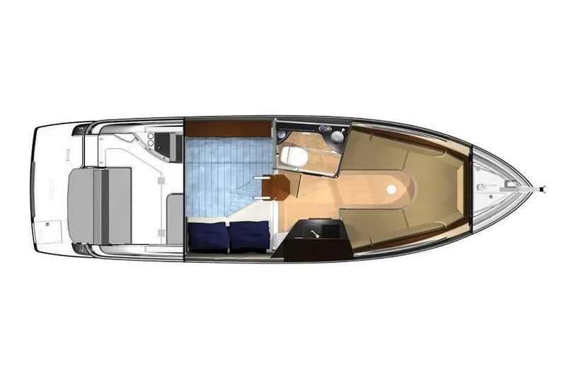 Slide: The Image of 2019 Regal 28 Express boat interior layout with cabin, seating, and bathroom. - 16