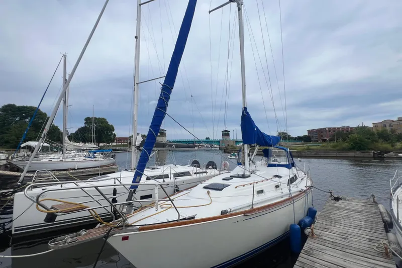 The Image of 1985 C&C Landfall 39 sailboat docked at a marina with blue sail covers. - 0