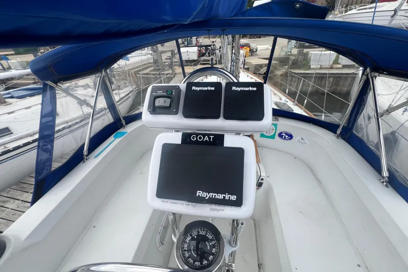 Slide: The Image of Cockpit of 1985 C&C Landfall 39 sailboat with Raymarine navigation equipment. - 11