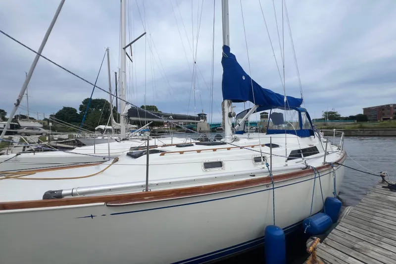 Slide: The Image of 1985 C&C Landfall 39 sailboat docked at marina with blue sail cover. - 4