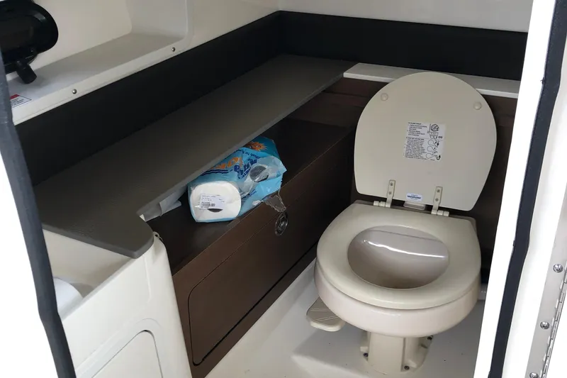 Slide: The Image of 2020 Sea Ray SDX 290 boat bathroom with toilet and storage shelf. - 11
