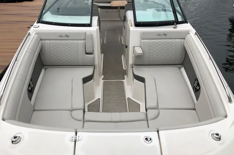 Slide: The Image of 2020 Sea Ray SDX 290 boat interior with luxurious seating and modern design. - 3