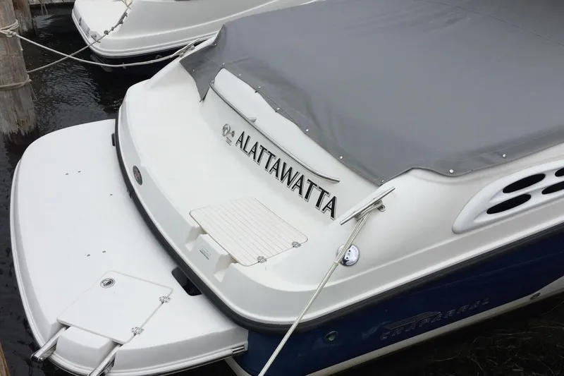 Slide: The Image of 1999 Chaparral 2830 SS boat docked, featuring a covered deck and custom name. - 4