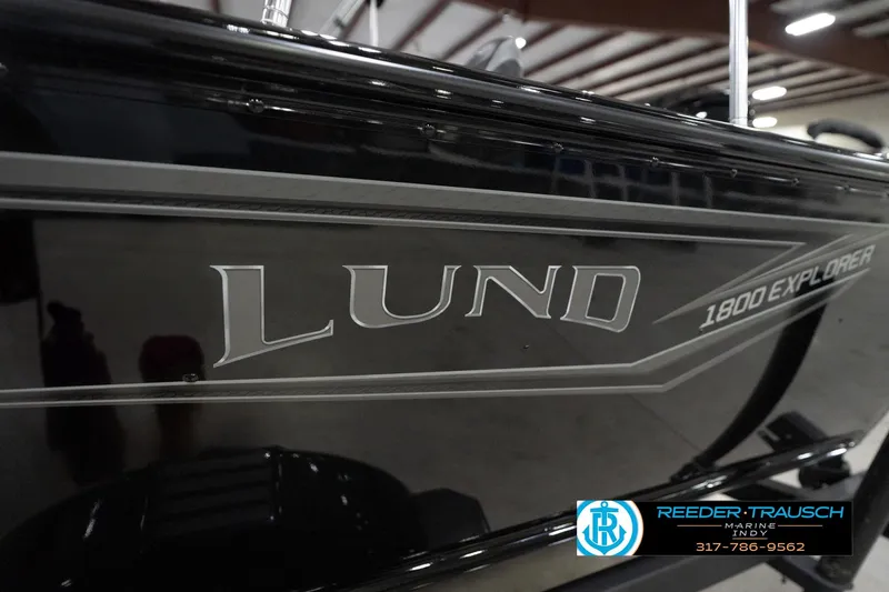 Slide: The Image of 2026 Lund 1800 Explorer Sport boat side view in showroom setting. - 108