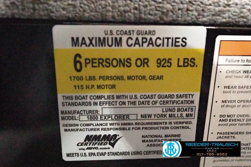 Slide: The Image of Capacity label for 2026 Lund 1800 Explorer Sport, 6 persons or 925 lbs, 115 HP motor. - 117