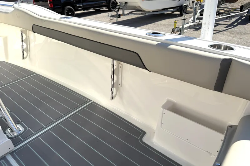 Slide: The Image of 2025 Key West 239 FS boat interior with sleek seating and modern design. - 50