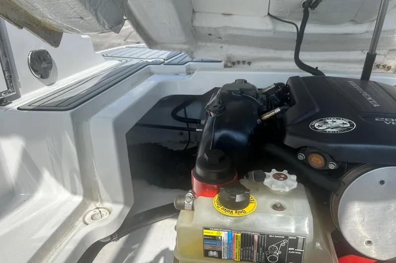 Slide: The Image of Engine compartment of a 2020 Monterey M4 boat, showcasing detailed components and labels. - 24