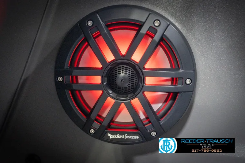 Slide: The Image of Red illuminated speaker on 2026 Bennington 25 SSR boat, featuring Rockford Fosgate design. - 45