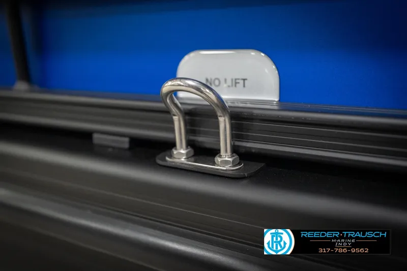 Slide: The Image of 2026 Bennington 25 SSR boat detail with "No Lift" sign and metal fixture. - 55