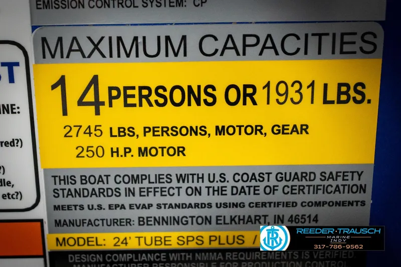 Slide: The Image of 2026 Bennington 25 SSR capacity label: 14 persons, 1931 lbs, 250 HP motor compliance. - 56