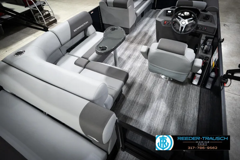 Slide: The Image of 2026 Bennington 188 SLJ pontoon boat interior with gray seating and modern design. - 14