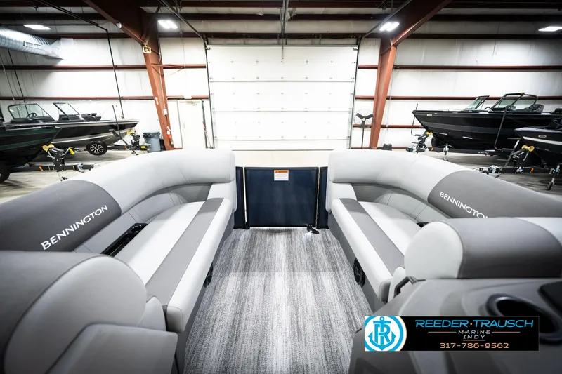 Slide: The Image of 2026 Bennington 188 SLJ pontoon boat interior with gray seating and table. - 19