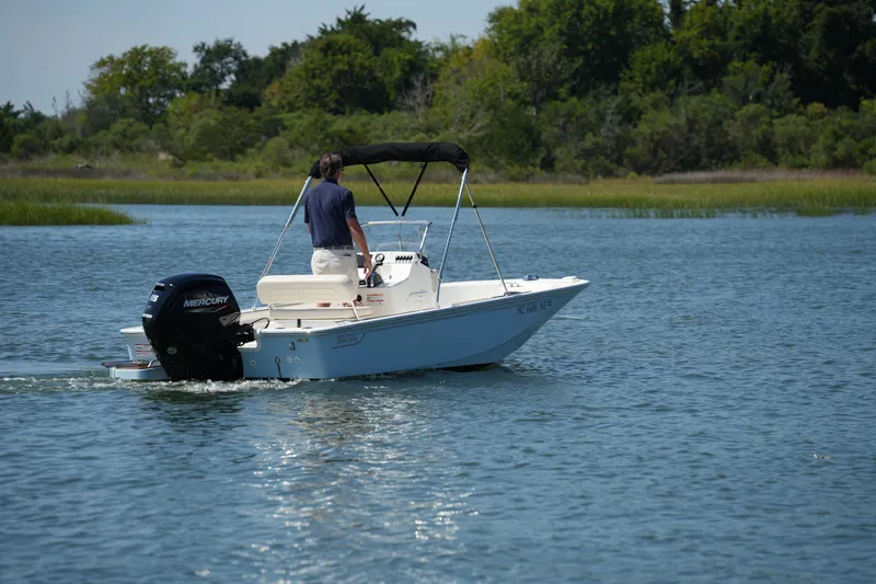 Slide: The Image of 2025 Boston Whaler 170 Montauk boat cruising on a serene lake with lush greenery. - 8
