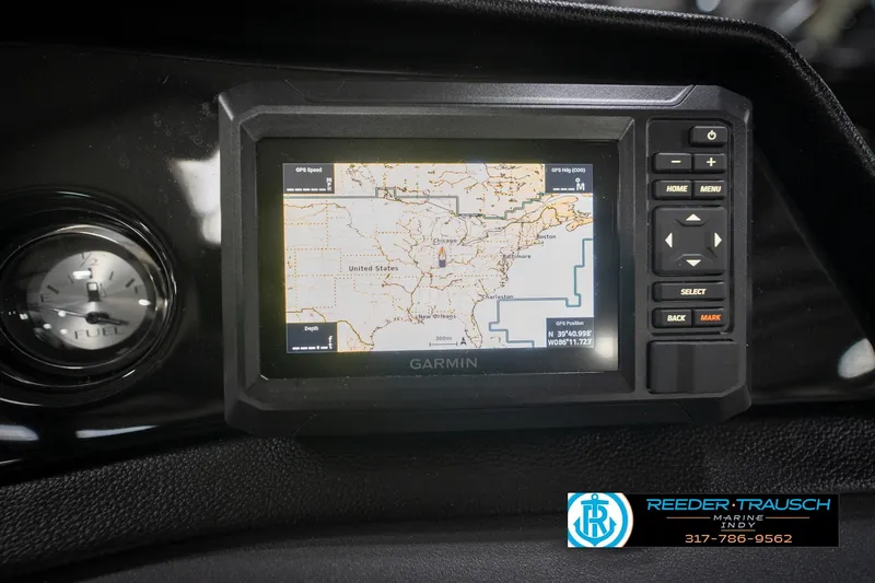 Slide: The Image of 2026 Bennington 20 SL dashboard with Garmin GPS and fuel gauge display. - 37