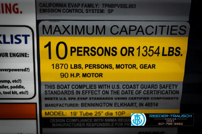 Slide: The Image of 2026 Bennington 20 SL capacity label: 10 persons or 1354 lbs, 90 HP motor. - 60