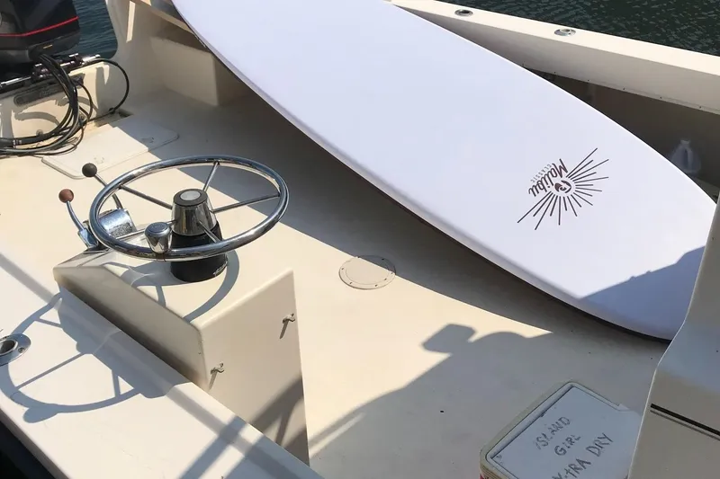 Slide: The Image of 2001 Parker 2520 DVSC boat interior with Malibu surfboard on deck. - 19