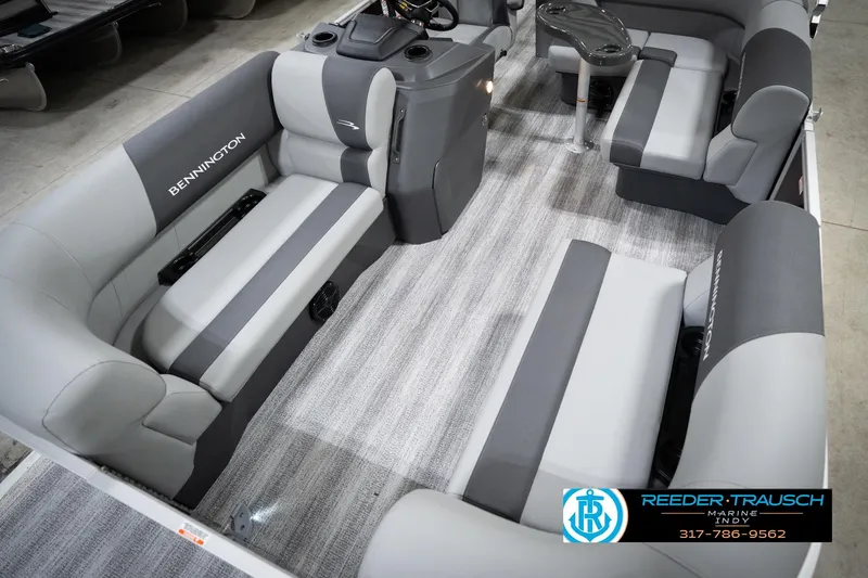 Slide: The Image of 2026 Bennington 168 SLJ pontoon boat interior with gray seating and modern design. - 12