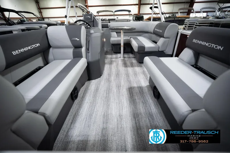 Slide: The Image of 2026 Bennington 168 SLJ pontoon boat interior with gray seating and modern design. - 16