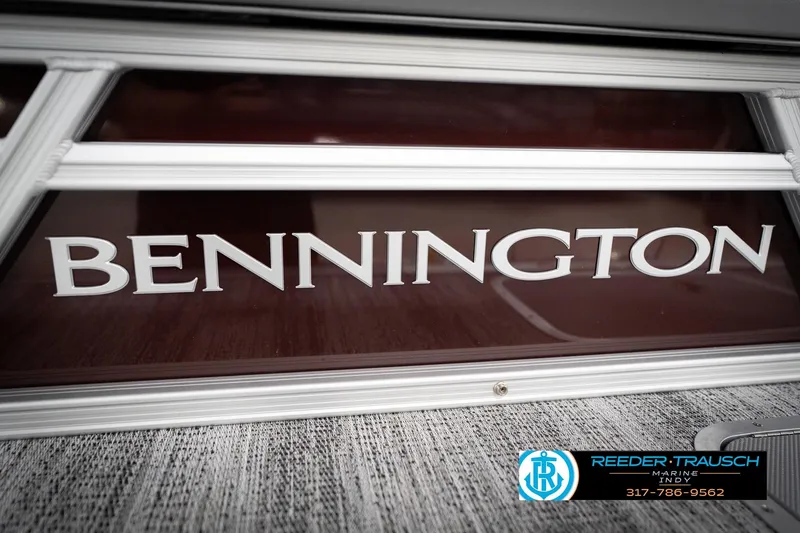 Slide: The Image of 2026 Bennington 168 SLJ boat logo with Reeder-Trausch Marine contact details. - 48