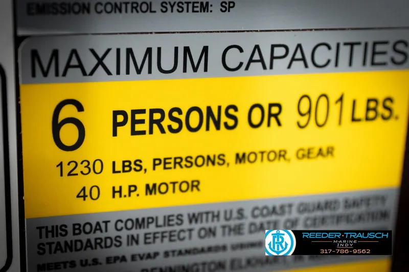 Slide: The Image of 2026 Bennington 168 SLJ capacity label: 6 persons, 901 lbs, 40 HP motor. - 52