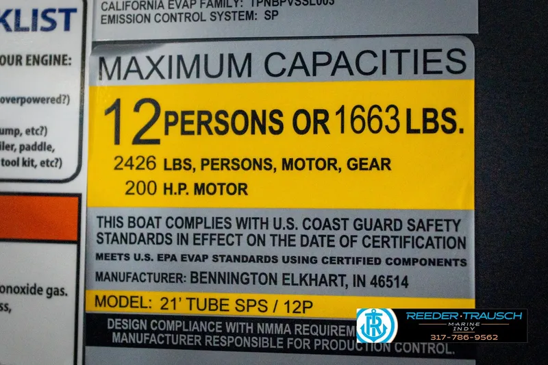 Slide: The Image of Capacity label for 2026 Bennington 22 MFB, 12 persons or 1663 lbs, 200 HP motor. - 107