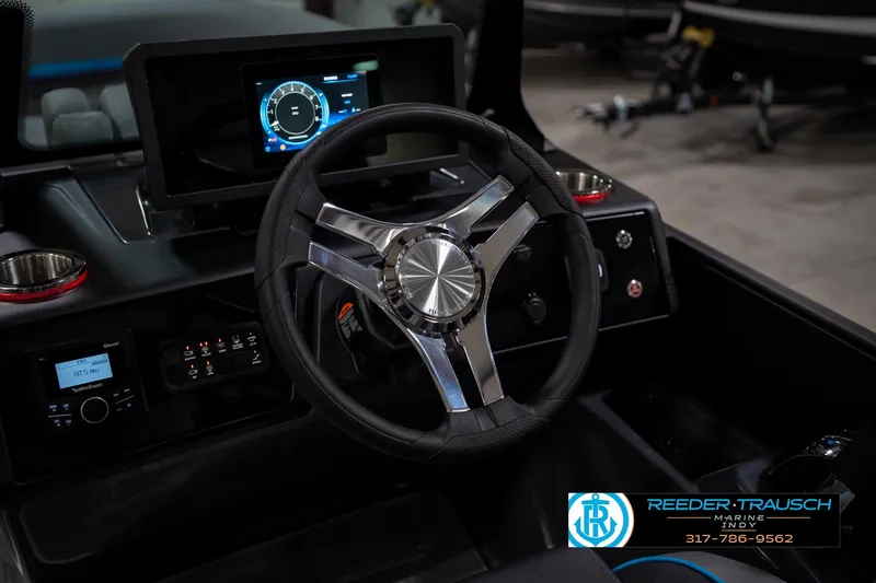 Slide: The Image of Interior of 2026 Bennington 22 MFB pontoon boat with modern seating and ambient lighting. - 32