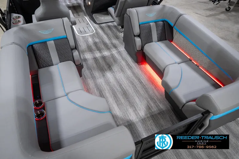Slide: The Image of Luxurious interior of 2026 Bennington 22 MFB pontoon boat with LED lighting and plush seating. - 68