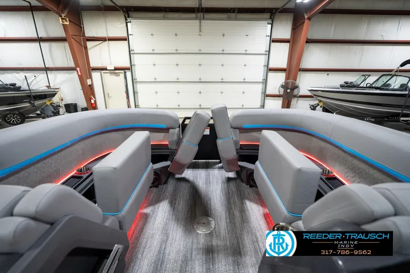 Slide: The Image of Interior of 2026 Bennington 22 MFB pontoon boat with modern seating and LED lighting. - 76