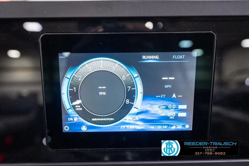 Slide: The Image of Digital dashboard of 2026 Bennington 22 MFB boat displaying RPM and speed metrics. - 89