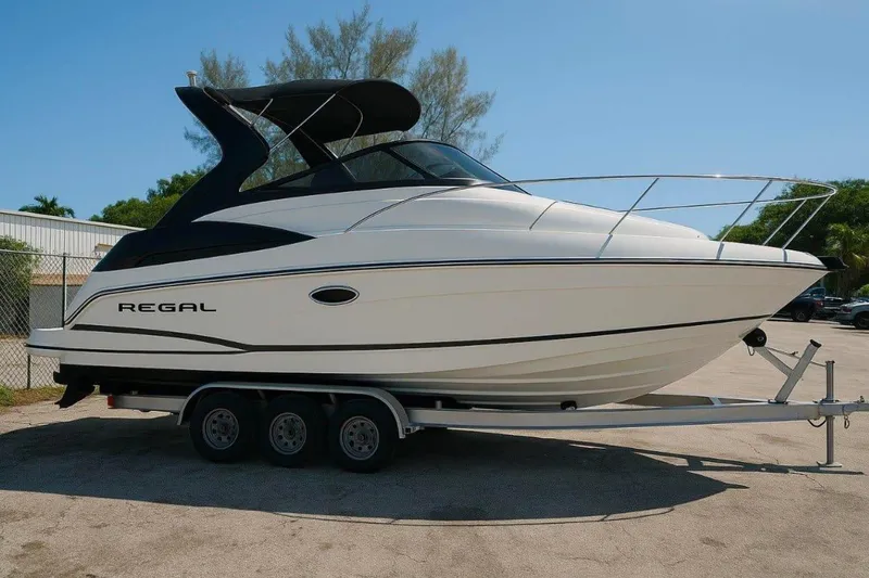 Slide: The Image of 2001 Regal Commodore 2960 boat on trailer, sleek design, parked outdoors. - 0