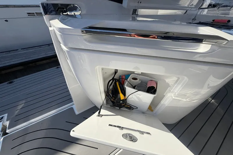 Slide: The Image of Interior of 2024 Galeon 325 GTO with gray upholstered seating. - 28