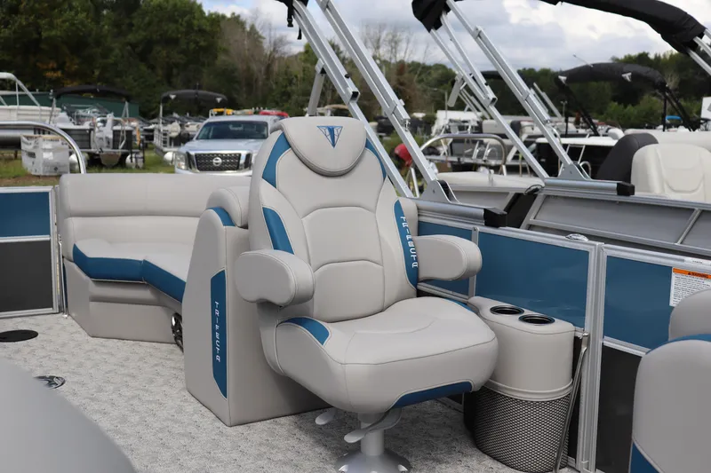 Slide: The Image of Luxurious seating on 2025 Trifecta 22 RF LE 2.75 pontoon boat, featuring plush upholstery. - 4