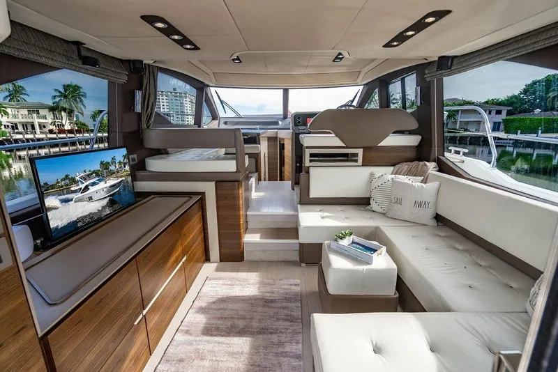 Slide: The Image of Luxurious interior of 2015 Azimut Fly 50 yacht with modern furnishings and scenic views. - 80