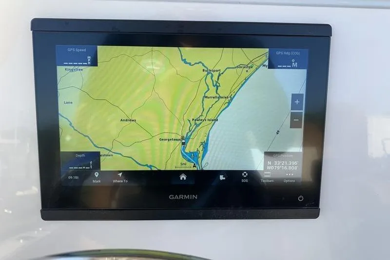 Slide: The Image of Garmin GPS display on Pioneer ISLANDER 202 boat, showing coastal navigation map. - 20