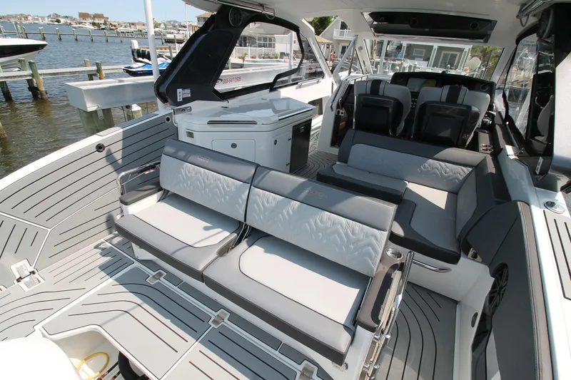 Slide: The Image of Luxurious interior of 2022 Galeon 325 GTO yacht with sleek seating and modern design. - 10