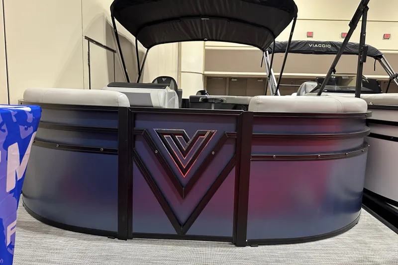 Slide: The Image of 2026 Viaggio Lago V 20 C pontoon boat with sleek design and modern seating. - 9