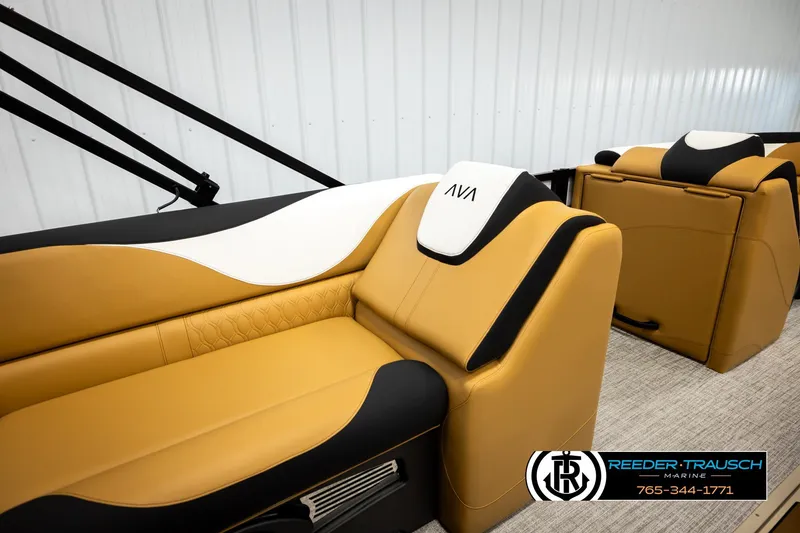 Slide: The Image of Luxurious seating in 2026 Avalon LSZ VRB boat, featuring tan and black upholstery. - 20