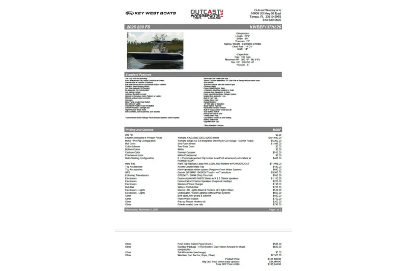 Slide: The Image of 2026 Key West 239 FS boat specifications and pricing details sheet. - 26