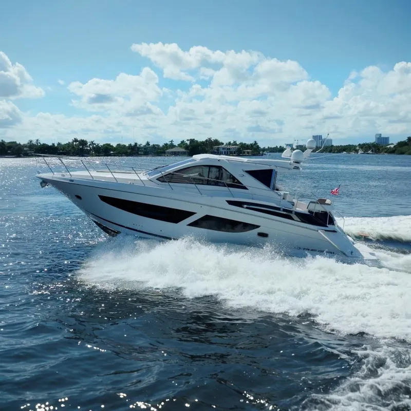 The Image of 2017 Regal 53 Sport Coupe yacht cruising on a sunny day, creating waves. - 0