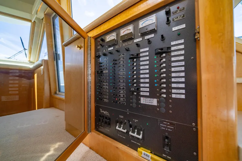 Slide: The Image of Electrical panel inside 2000 Navigator 5300 Classic yacht, showcasing switches and meters. - 43