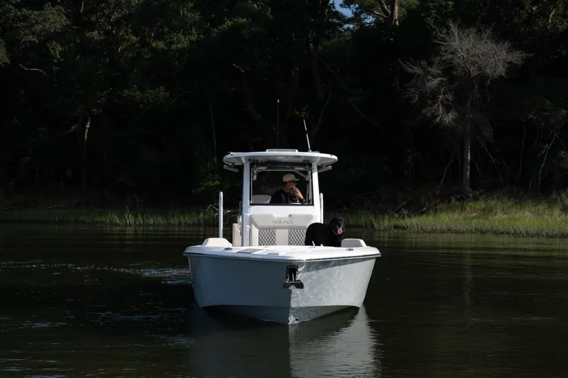 Slide: The Image of 2026 Solace 28 HCS boat cruising on a calm river with lush forest backdrop. - 7
