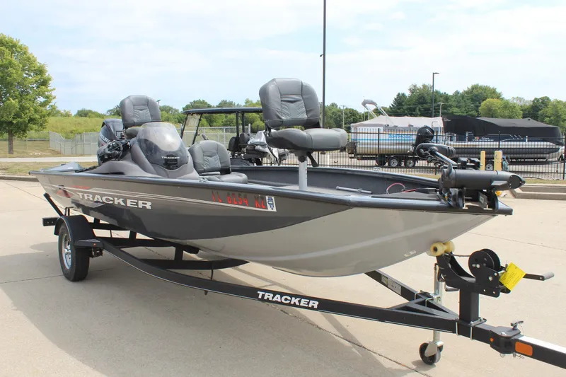 Slide: The Image of 2020 Tracker Pro Team 175 TF fishing boat on trailer in outdoor setting. - 3