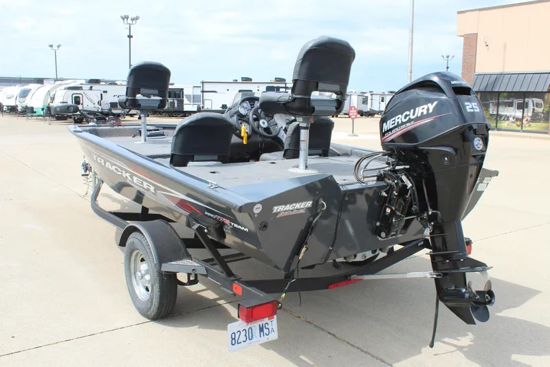 Slide: The Image of 2020 Tracker Pro Team 175 TF boat with Mercury 25 engine, parked on trailer. - 7