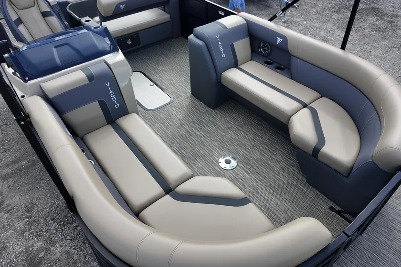 Slide: The Image of Luxurious interior of 2026 Viaggio Lago X22D Tritoon with plush seating and modern design. - 13