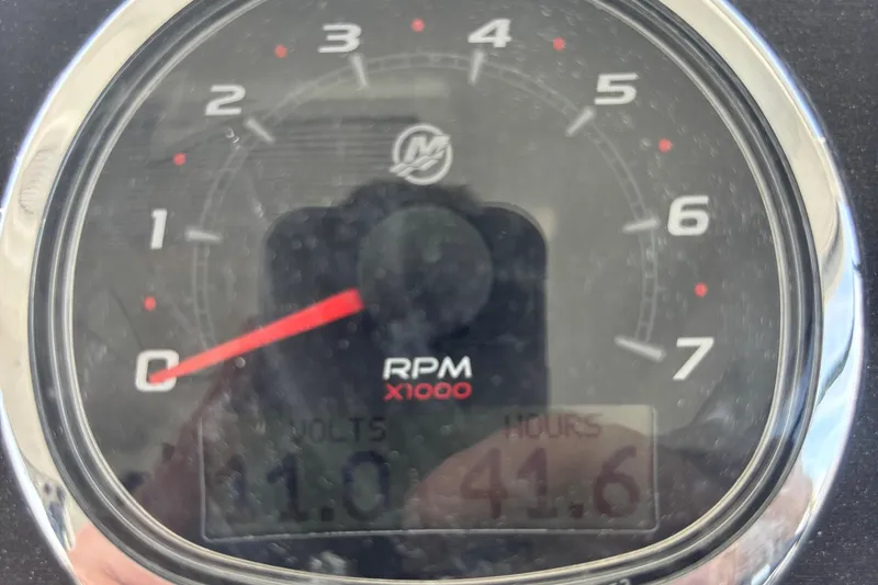 Slide: The Image of Close-up of Beneteau Antares 8 tachometer showing 11 volts and 41.6 hours. - 17