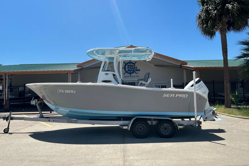Slide: The Image of 2021 Sea Pro 239 Center Console boat on trailer at Gulf Coast Marine. - 1