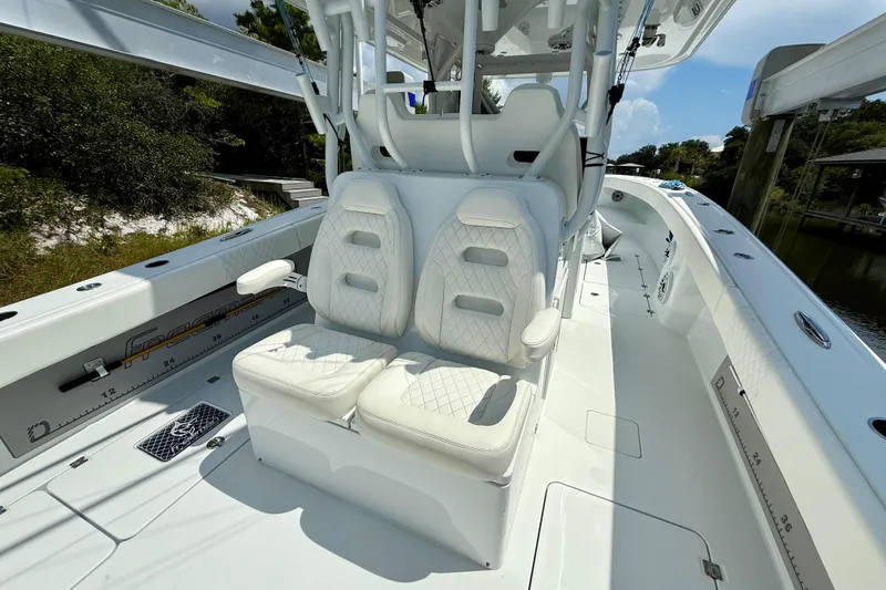 Slide: The Image of 2023 Freeman 34VH boat interior with white seating and sleek design. - 20